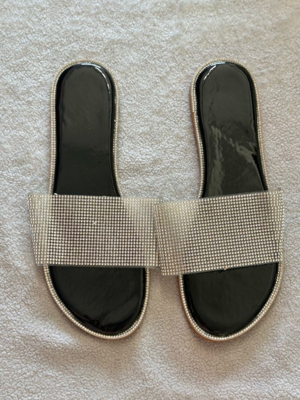 Black Rhinestone Slide Sandals EU 39 US 8 8.5 Glam Sparkle Flat Chic